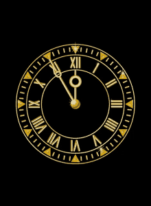 a gold clock with roman numerals on a black background shows the time as 11:55