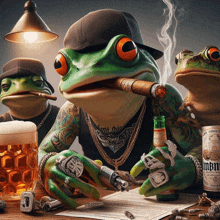 a frog smoking a cigar with a bandana that says ' frie ' on it