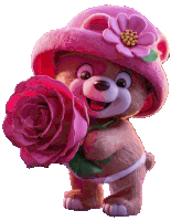 a teddy bear is wearing a pink hat and holding a pink rose