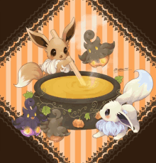 an eevee is stirring a pot of soup with another eevee