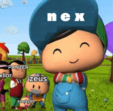 a cartoon character wearing a blue hat with nex written on it