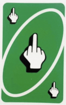 a green uno card with three fingers pointing in opposite directions