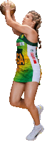 a female basketball player wearing a green white and yellow uniform with spar on the front