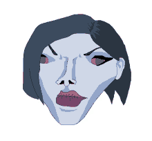 a drawing of a woman 's face with green eyes and purple lips