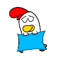 a cartoon chicken is holding a blue pillow