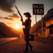 a woman holding a gun and a briefcase stands in front of a ballon 168 sign