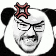 a panda bear with glasses and a beard is making a funny face with an angry face .