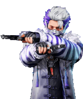 a man with purple hair is holding two guns in his hands