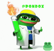 a frog in a lab coat is holding a test tube and giving a thumbs up sign