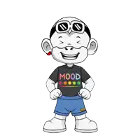 a cartoon character wearing sunglasses and a mood shirt