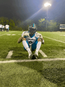 a football player wearing a panthers jersey sits on the field