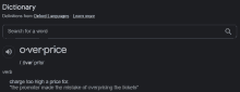 a dictionary page that says search for a word overprice