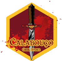 a logo for calabouco geek store with a sword on a red background