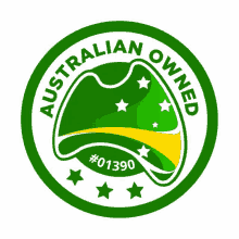 a green and yellow logo that says australian owned # 01390