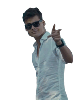 a man wearing sunglasses and a white shirt is pointing