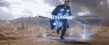 a man in a superhero costume is holding a lightning bolt and the word megasus is written on it .