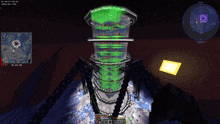 a screenshot of a minecraft game shows a tower with a green light coming out of the top