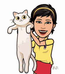 a cartoon of a woman holding a white cat with b.d. written on the bottom