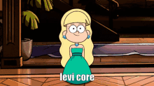 a cartoon girl in a blue dress is standing in front of stairs and says levi core