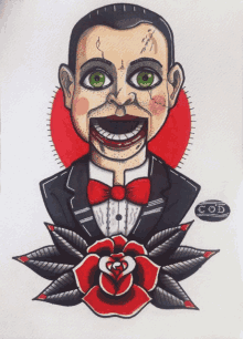 a drawing of a man in a tuxedo and bow tie with a red rose