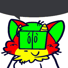 a cartoon drawing of a cat with a green box on its head that says olo