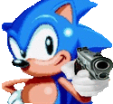 a pixel art of sonic the hedgehog pointing a gun at the camera .