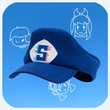 a blue hat with the letter s on it is on a blue background