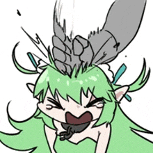 a drawing of a girl with green hair being punched in the head by a hand .