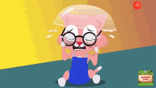 a cartoon of a pink cat with glasses crying with a sticker that says nirvana kids