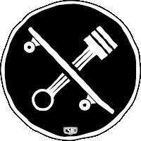 a black and white drawing of a skateboard and a key with cshd written below it