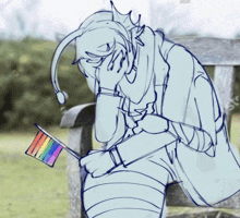 a drawing of a person covering their face with a rainbow flag