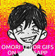a black and white drawing of a boy with a smile on his face and the words omori tenor gifs on whatsapp .