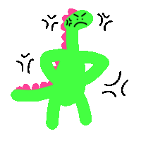 a cartoon drawing of a green and pink dinosaur with angry faces .