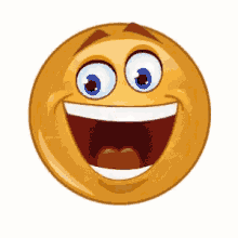 a cartoon smiley face with blue eyes and a big smile