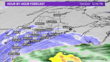 a map showing the hour by hour forecast on tuesday