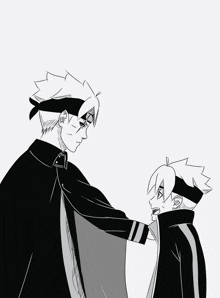 a black and white drawing of a father and son standing next to each other