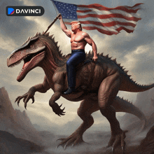 a man riding on the back of a dinosaur with an american flag behind him