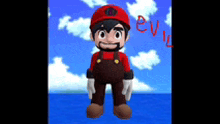 a cartoon character with a red hat and brown overalls is standing in front of a blue sky .