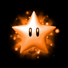 an orange star with two black eyes is surrounded by glowing lights