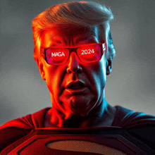 a man is wearing maga 2024 sunglasses and a superman costume