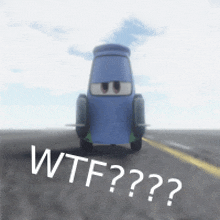 a blue car is driving down a road with the words wtf written on the bottom