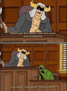 a cartoon of a judge asking lizardman to state his first name and occupation