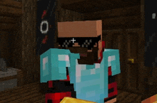 a minecraft character wearing sunglasses and a diamond armor is holding a sword .