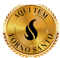 a gold seal with aqui tem forno santo written inside