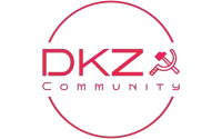 a red logo for dkz community with a hammer and sickle on it