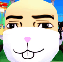 a cartoon character wearing a white face mask with a pink nose and tongue sticking out