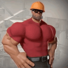 a very muscular man wearing a hard hat and sunglasses is standing next to a building .