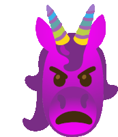 a purple unicorn with a rainbow horn has an angry face