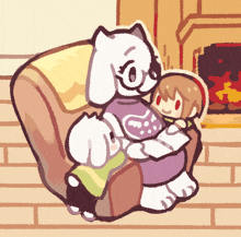 a cartoon drawing of a cat holding a child in a chair