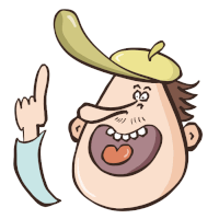 a cartoon of a man wearing a hat pointing upwards